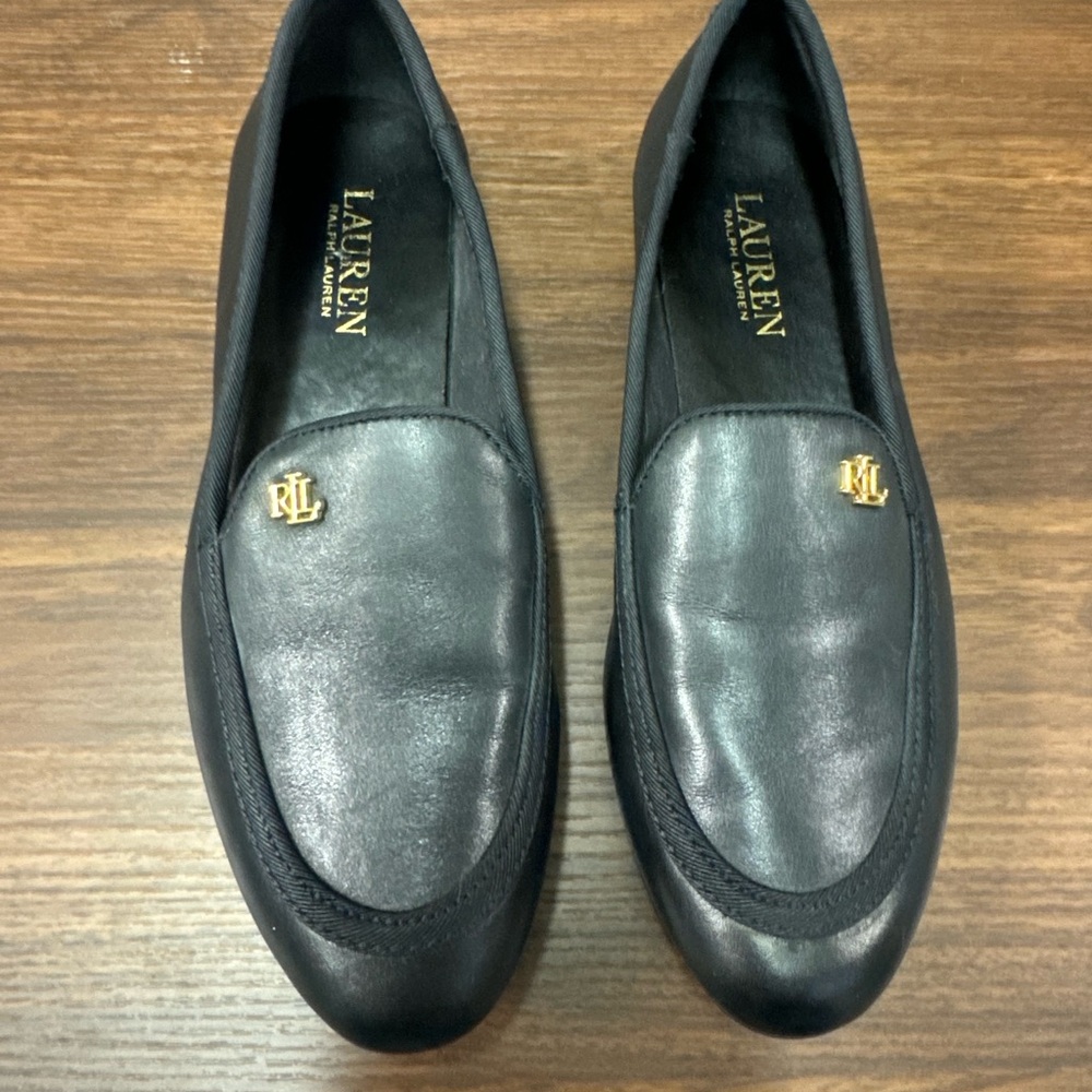 Ralph Lauren Black Flats Loafers with Smooth Leather and Gold Detail